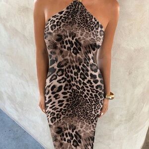SHEIN Taupe & Black Leopard Print Strapless Bodycon Dress